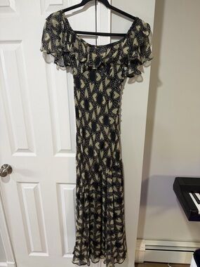 Free People Black and Cream Ruffled Off-Shoulder Maxi Dress